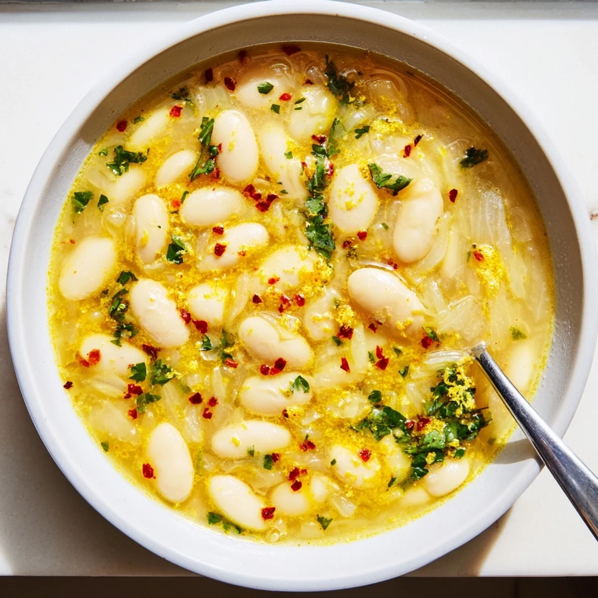 A warm bowl of Miso Butter Brothy Beans, garnished with fresh herbs and lemon zest beside a slice of crusty bread.