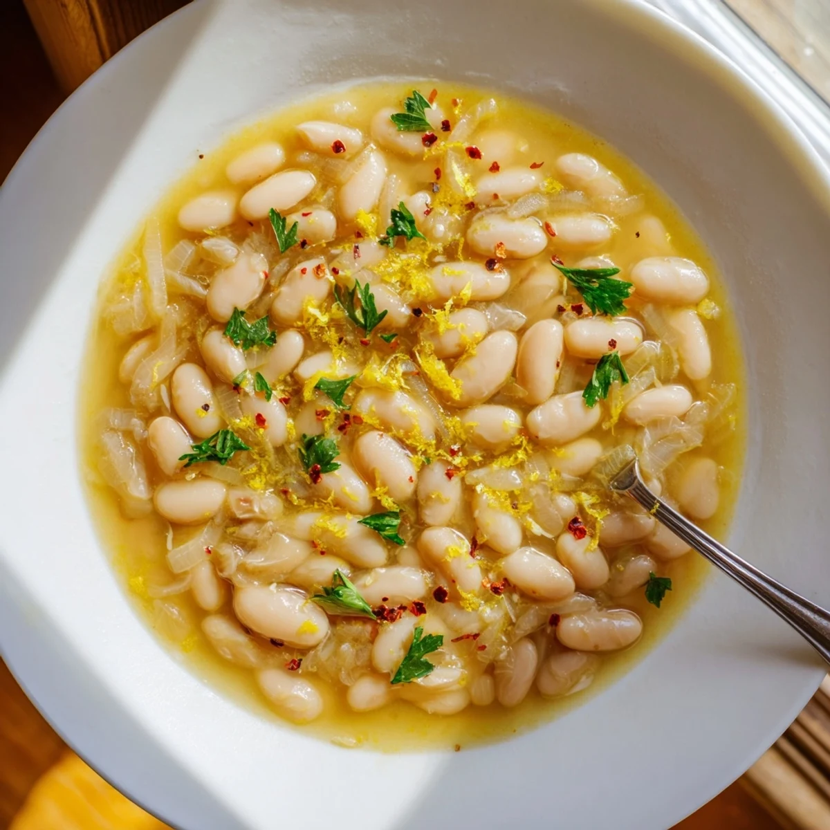 Creamy white beans swim in a savory miso-butter broth, a steaming vegetarian comfort food ready to be spooned over rice.