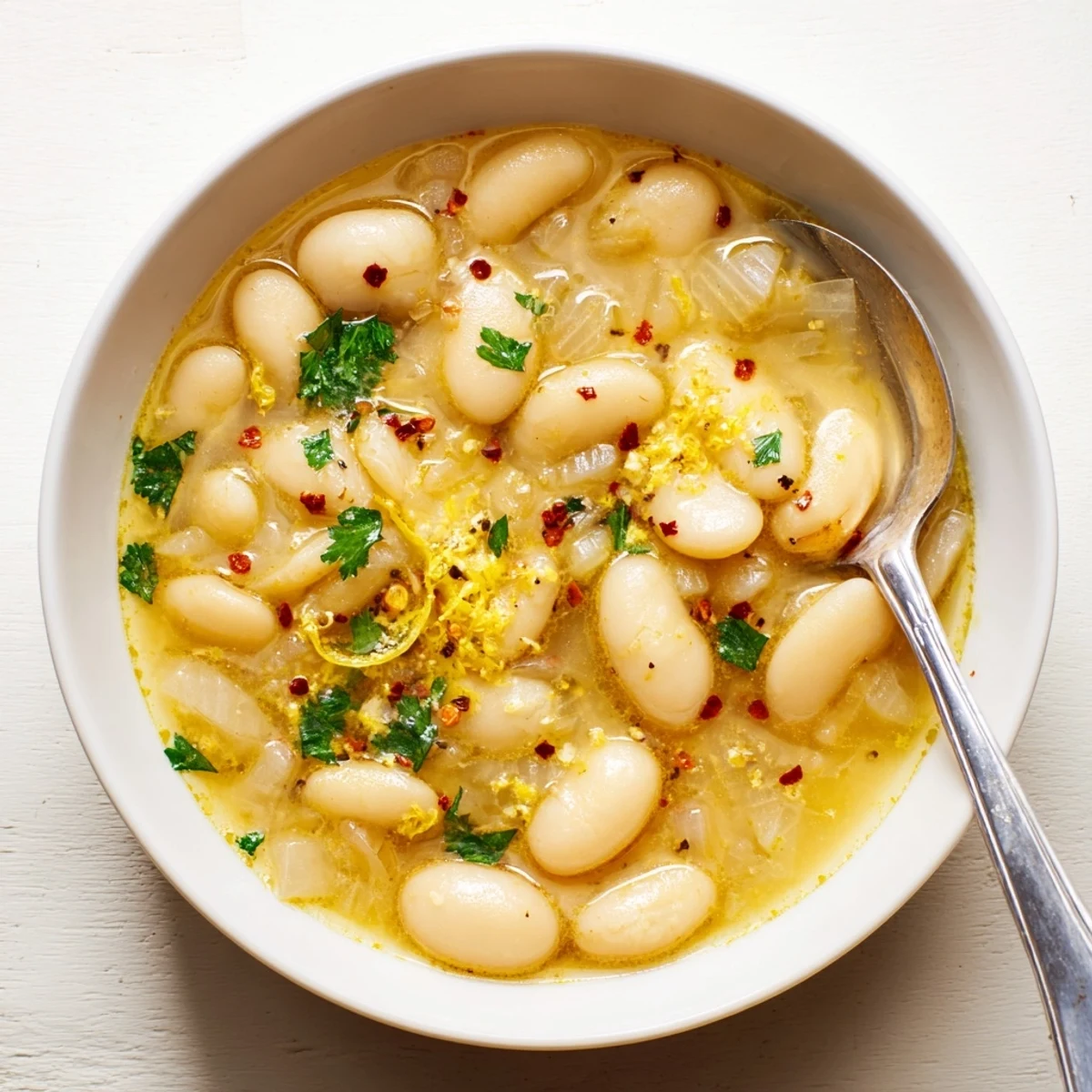 Close-up on a ladle of golden Miso Butter Brothy Beans, showcasing the tender beans and rich, umami-packed aromatic liquid.