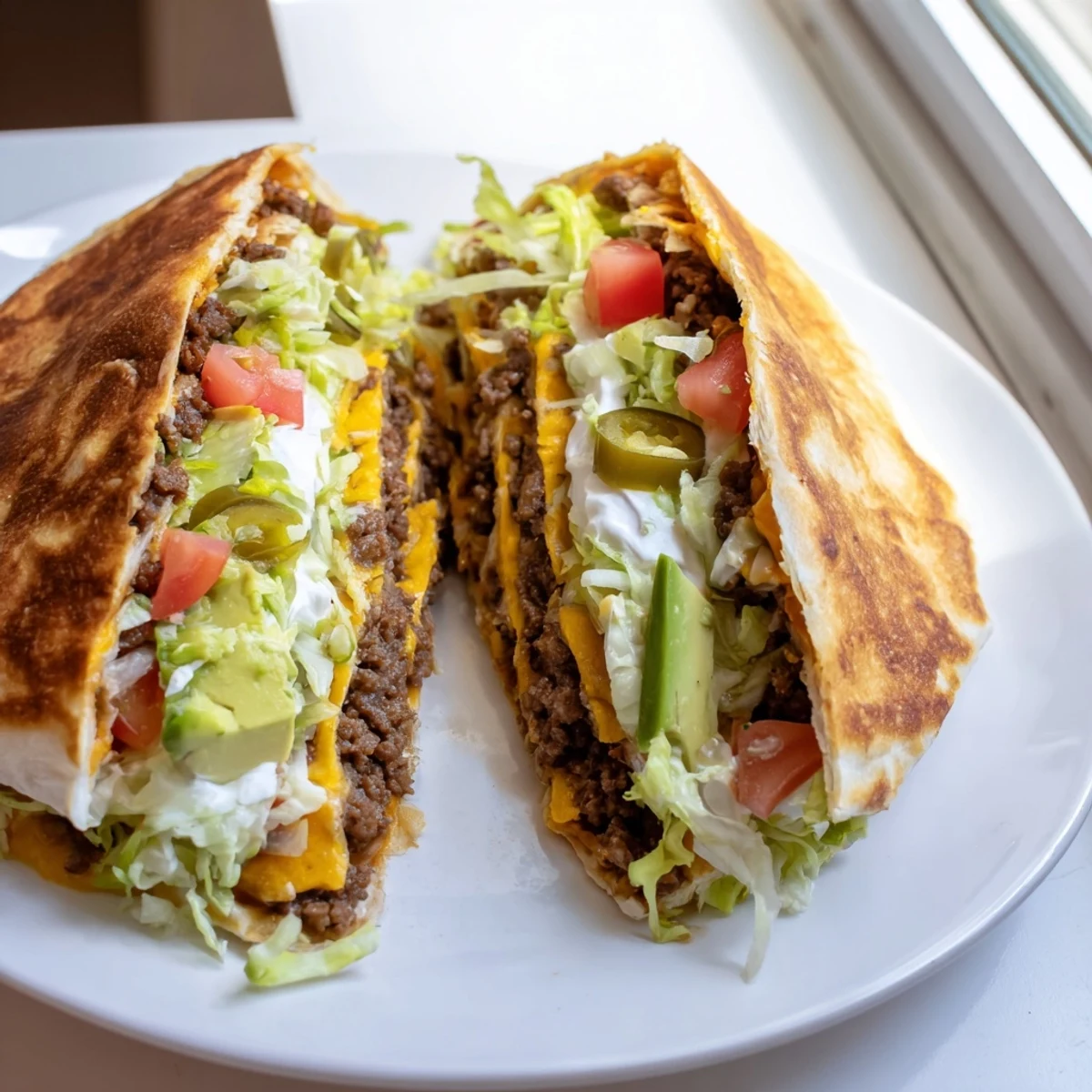 Golden homemade keto crunchwraps filled with seasoned beef, melted cheddar, and fresh vegetables on a white plate