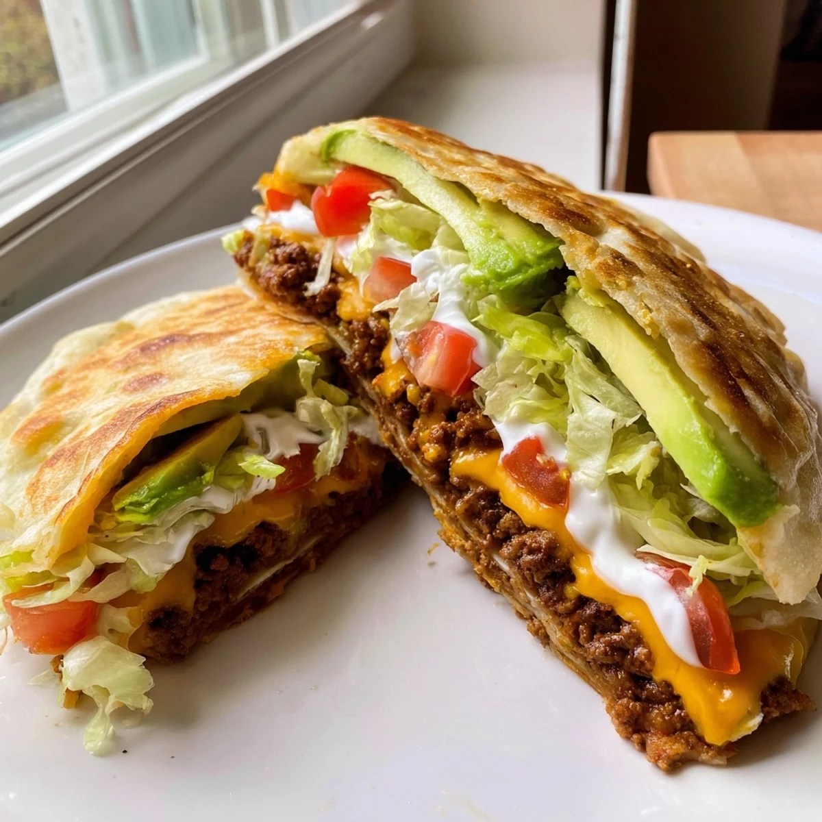 Handheld keto crunchwrap featuring almond flour tortilla wrapped around cheesy ground beef and colorful toppings