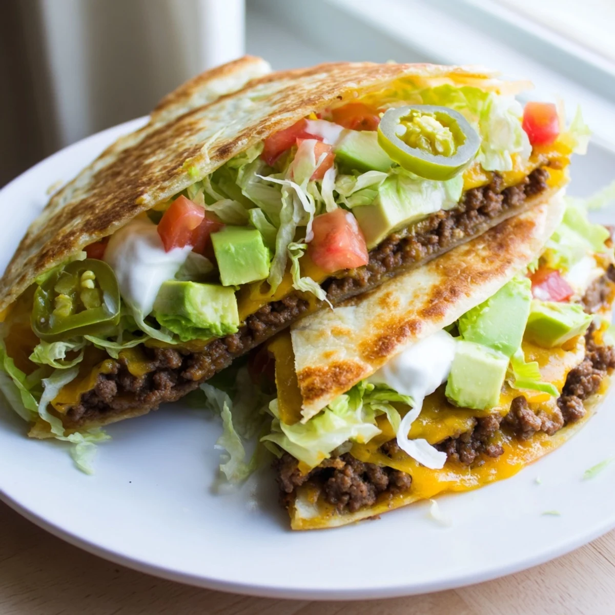 Crispy low-carb crunchwrap sliced open revealing layers of taco meat, avocado, lettuce, and sour cream