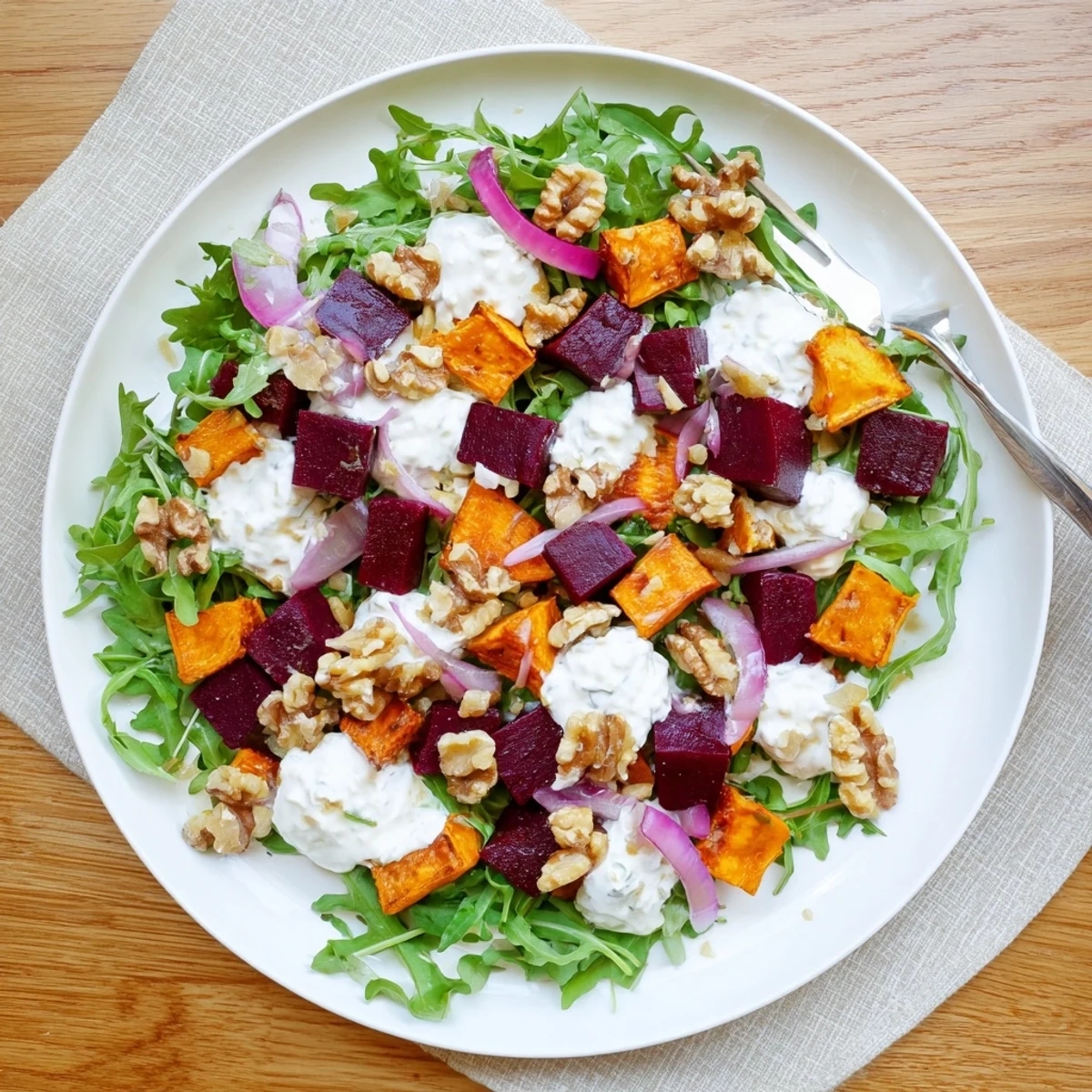 Colorful creamy roasted beet salad featuring tender sweet potato cubes, walnuts, and tangy feta on a bed of fresh greens