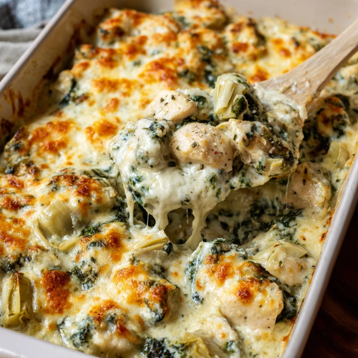 Golden bubbly spinach and artichoke chicken bake fresh from the oven with melted cheese topping