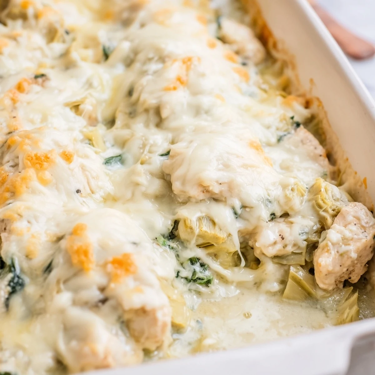 Creamy spinach and artichoke chicken casserole served hot with a side of crisp green salad
