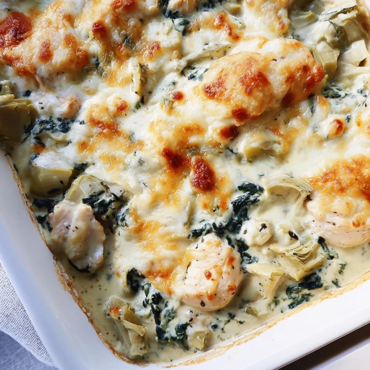 Baked chicken breasts topped with cheesy spinach artichoke mixture bubbling in a white ceramic dish