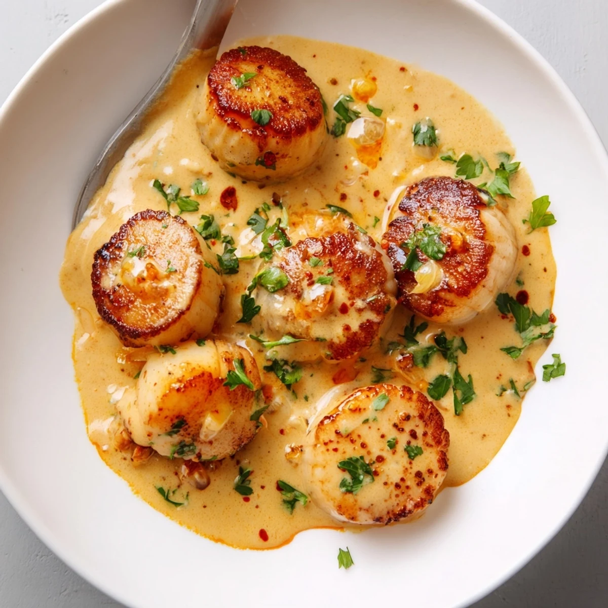 Golden seared scallops resting in a rich spicy Cajun cream sauce with fresh parsley garnish