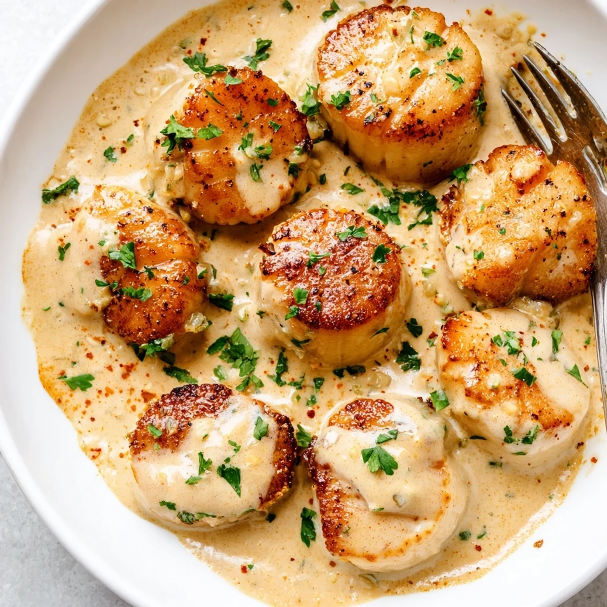 Perfectly cooked sea scallops topped with creamy Cajun spice sauce and Parmesan on a white plate