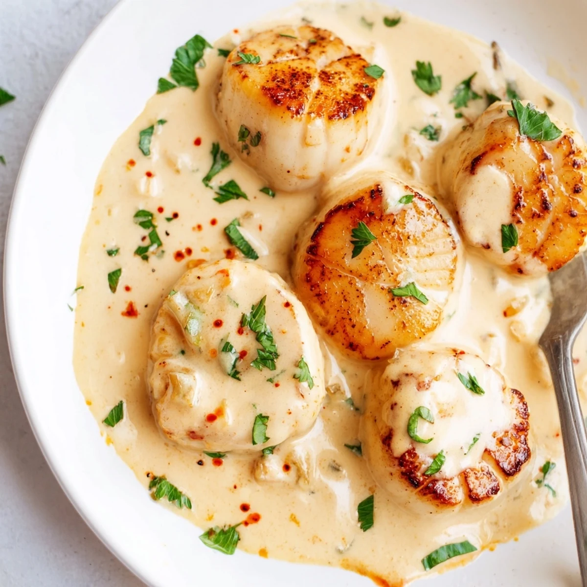 Succulent pan-seared scallops drizzled with velvety Cajun cream sauce and lemon wedges for serving