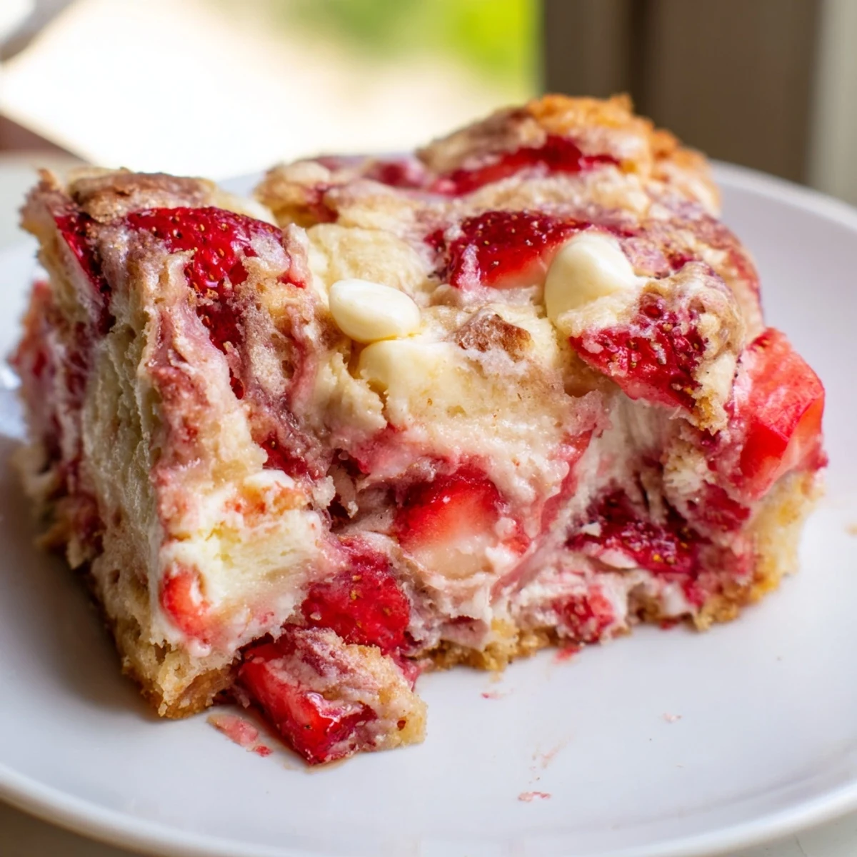 Gooey Strawberry Earthquake Cake with marbled cream cheese swirls and fresh strawberry chunks on top