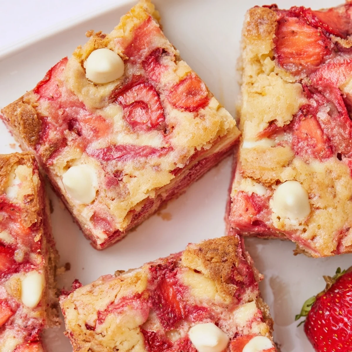 Sliced Gooey Strawberry Earthquake Cake revealing its moist strawberry interior with melted white chocolate chips