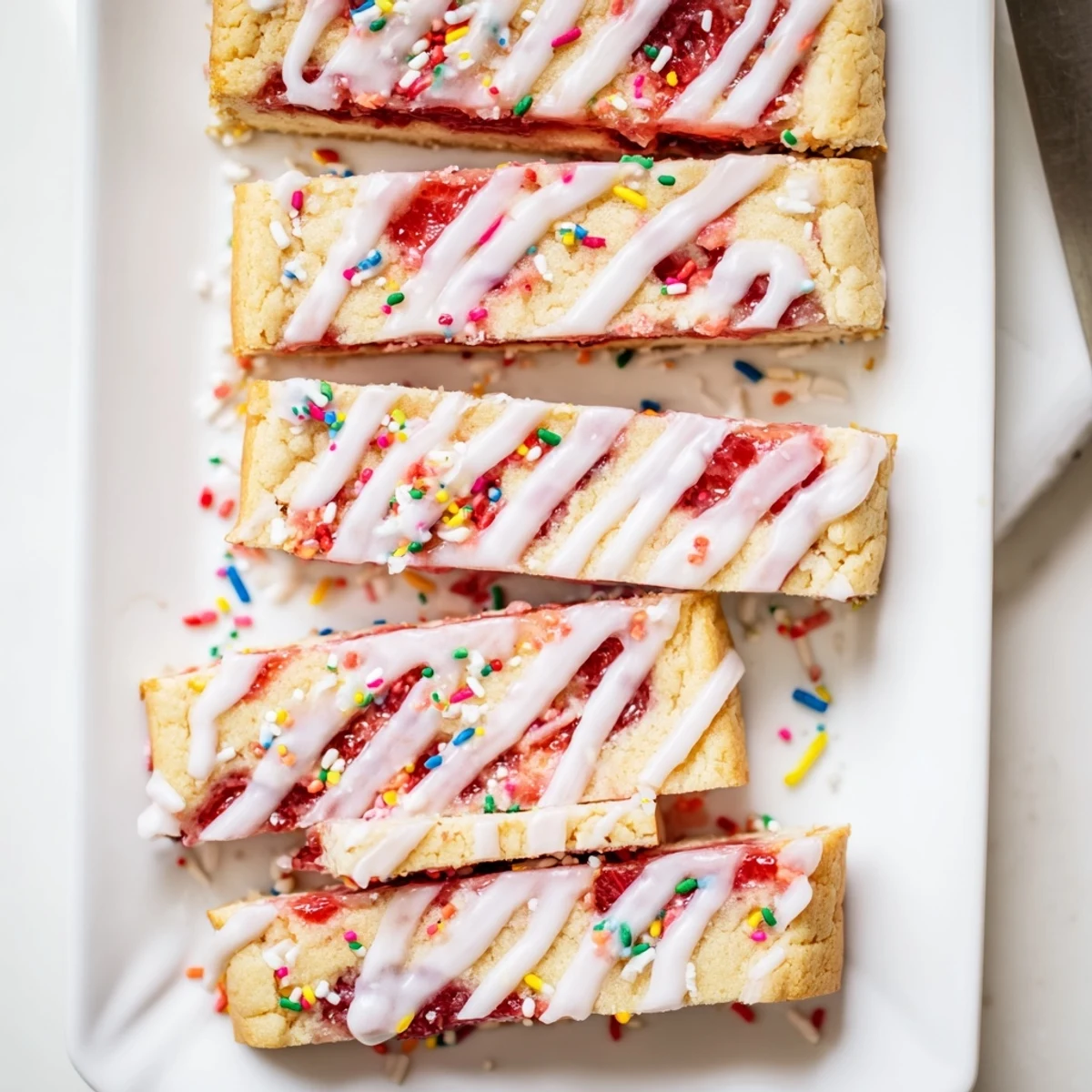 Golden homemade poptart cookie bars with strawberry jam layer and white glaze