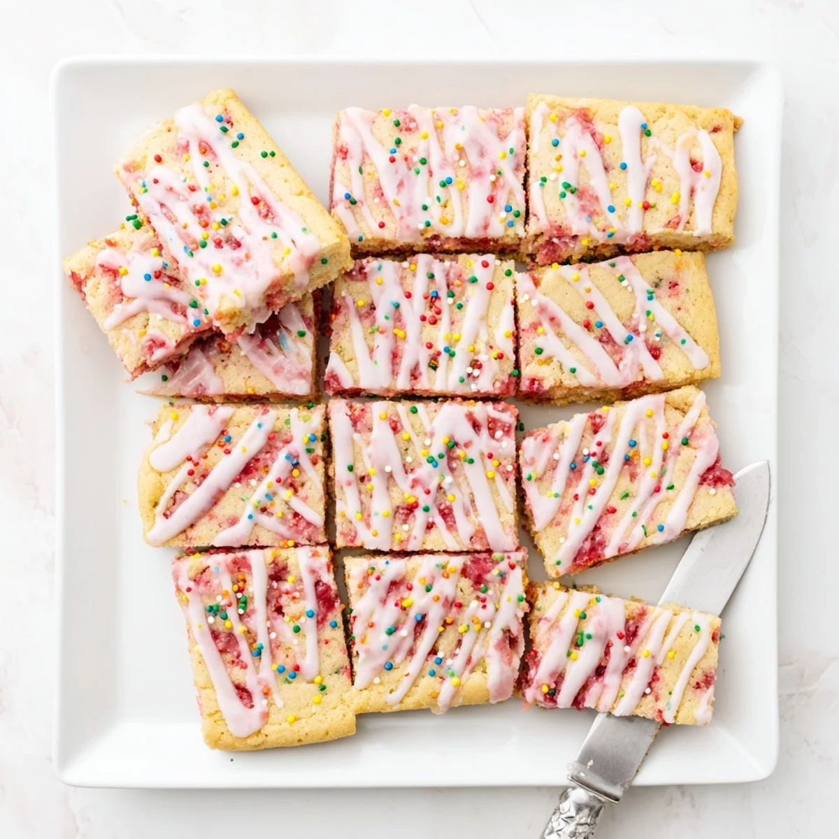 Soft sugar cookie bars topped with red fruit jam and colorful sprinkles