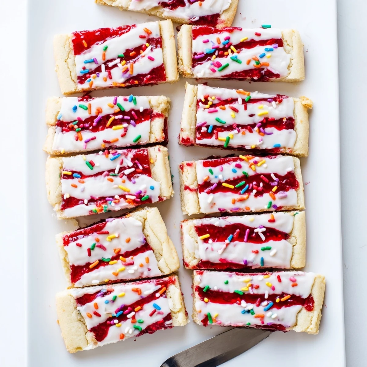 Baked dessert squares featuring crumbled cookie crust sweet jam glaze and rainbow topping