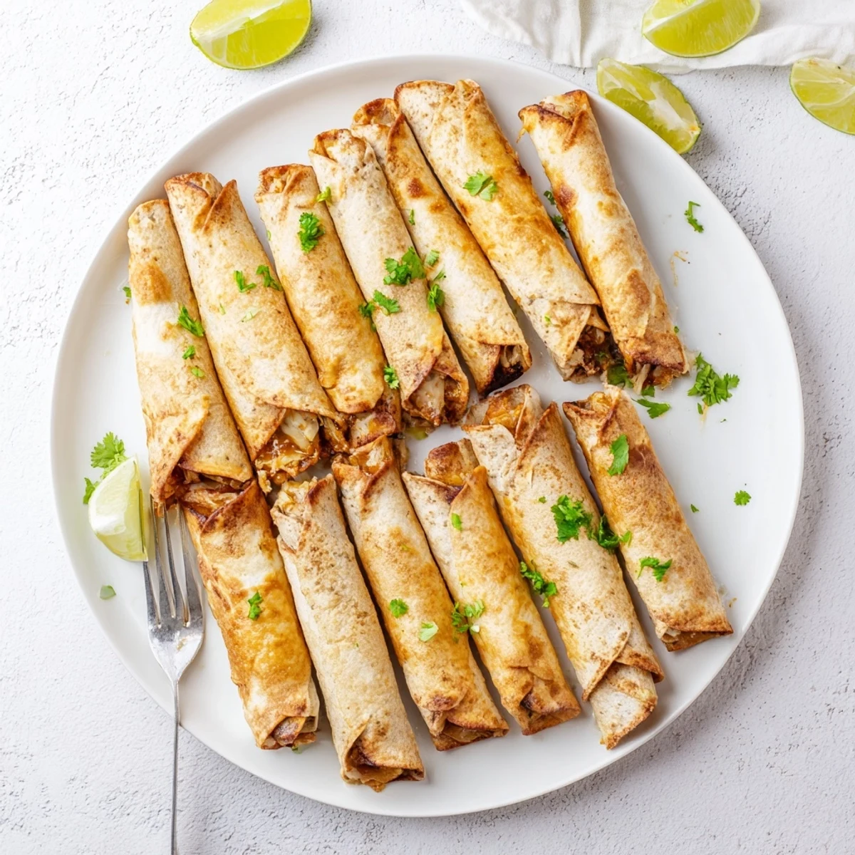 Homemade crispy chicken taquitos arranged on serving platter with guacamole and fresh salsa