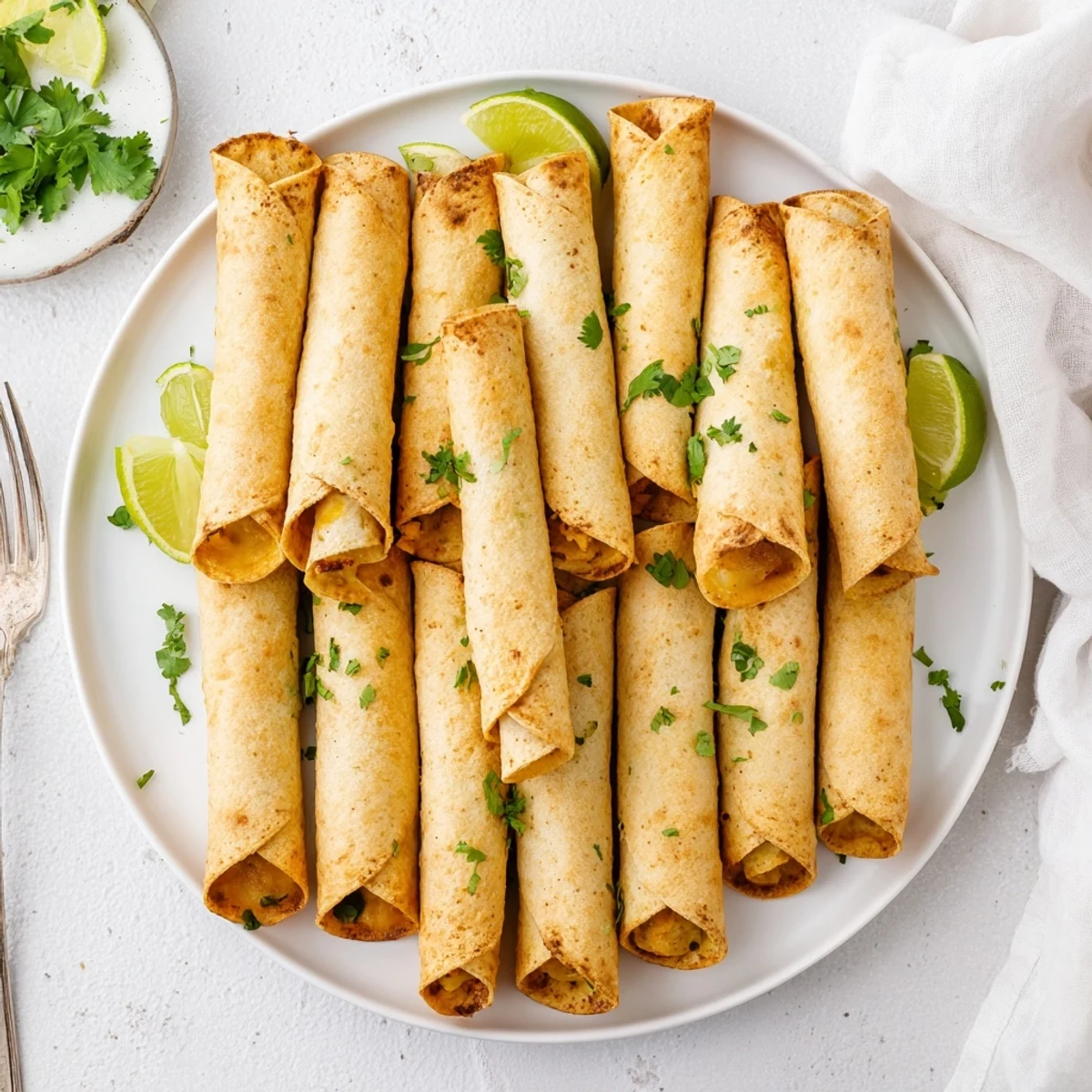 Golden crispy chicken taquitos filled with seasoned cheese and shredded chicken meat