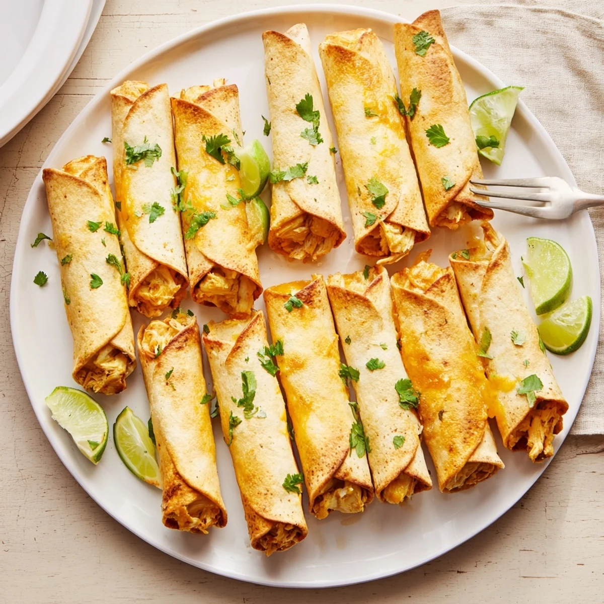 Baked crispy chicken taquitos displaying golden brown tortillas rolled around melted cheese filling