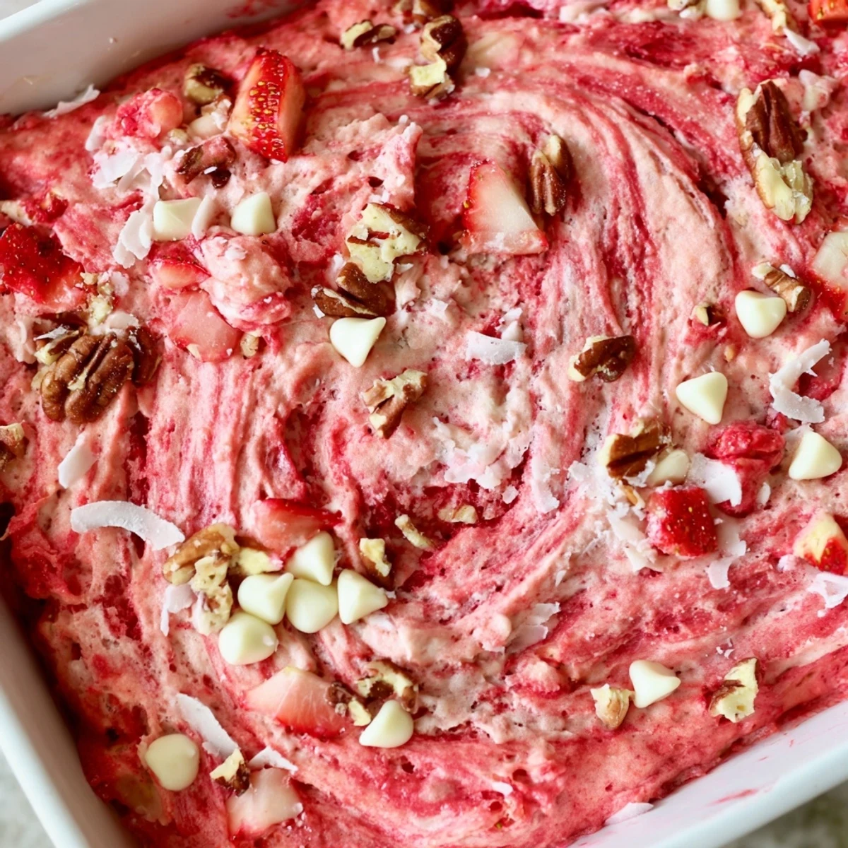 Rustic strawberry earthquake cake topped with fresh berries, coconut, and pecans in a baking dish