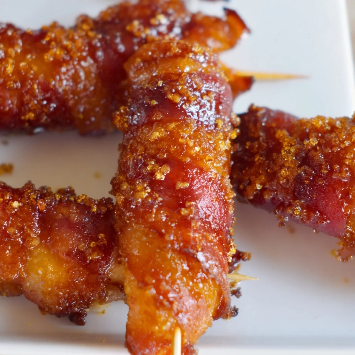 Golden brown bacon brown sugar chicken tenders fresh from the oven with caramelized coating
