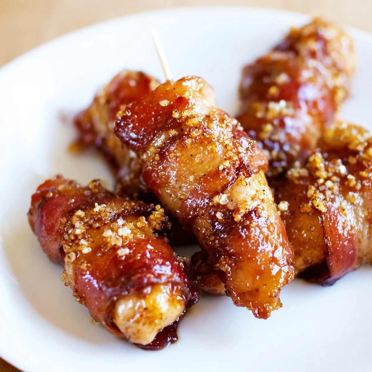 Crispy bacon-wrapped chicken tenders coated in sweet brown sugar glaze on white serving plate