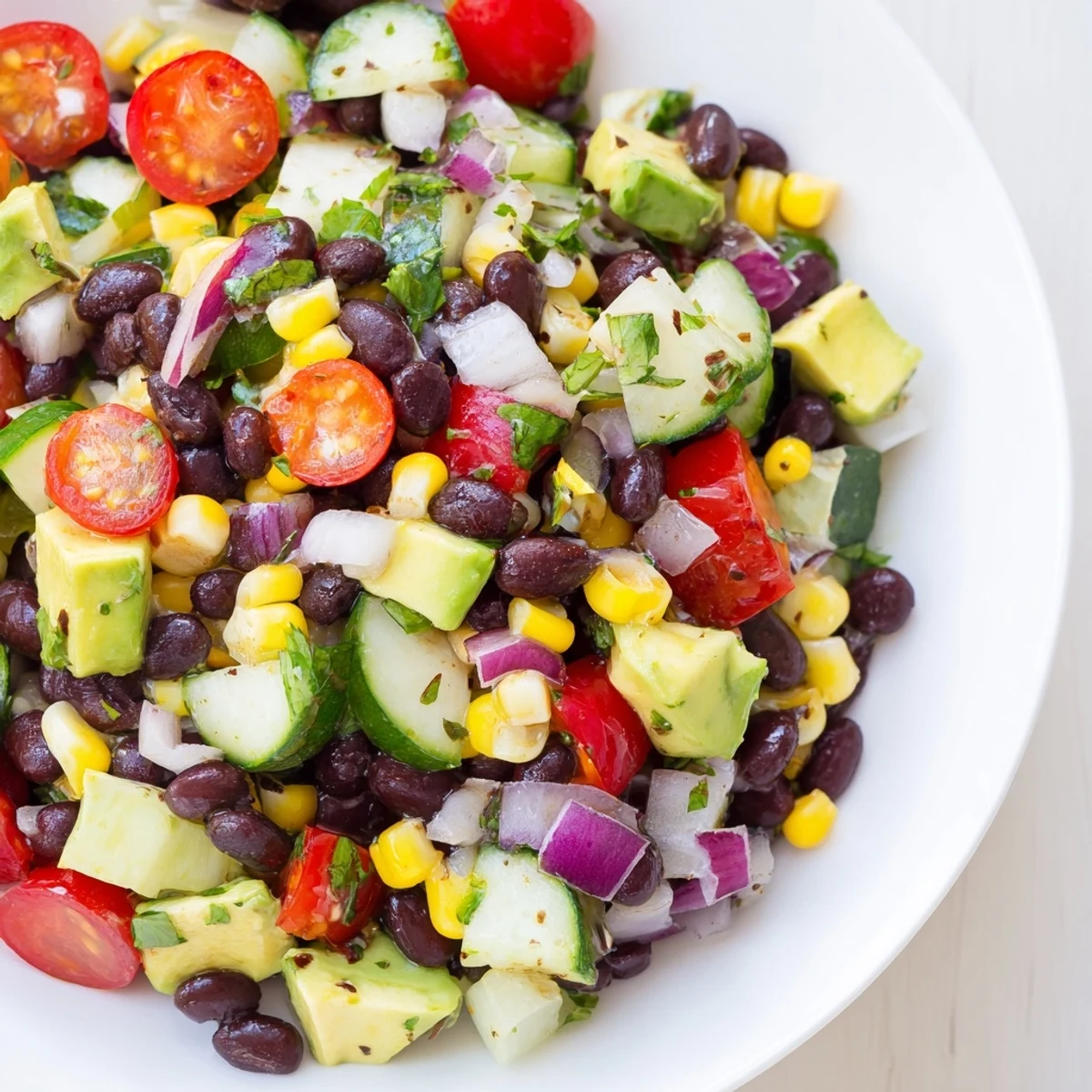 Colorful chopped black bean salad with fresh vegetables and creamy avocado in a bowl