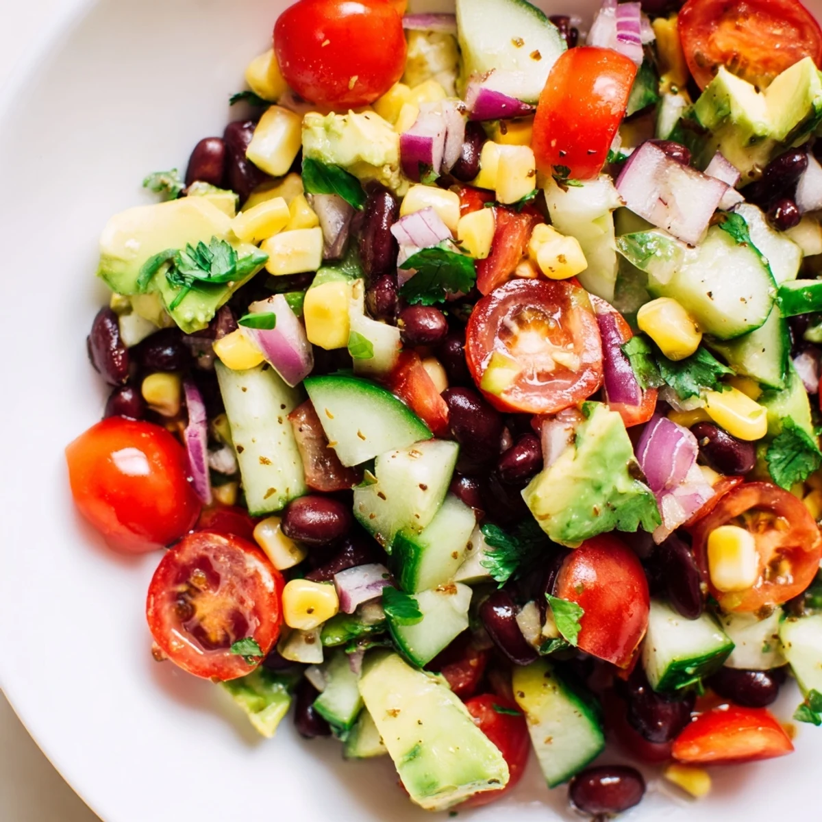 Fresh chopped black bean salad layered with diced peppers, tomatoes, and fragrant cilantro