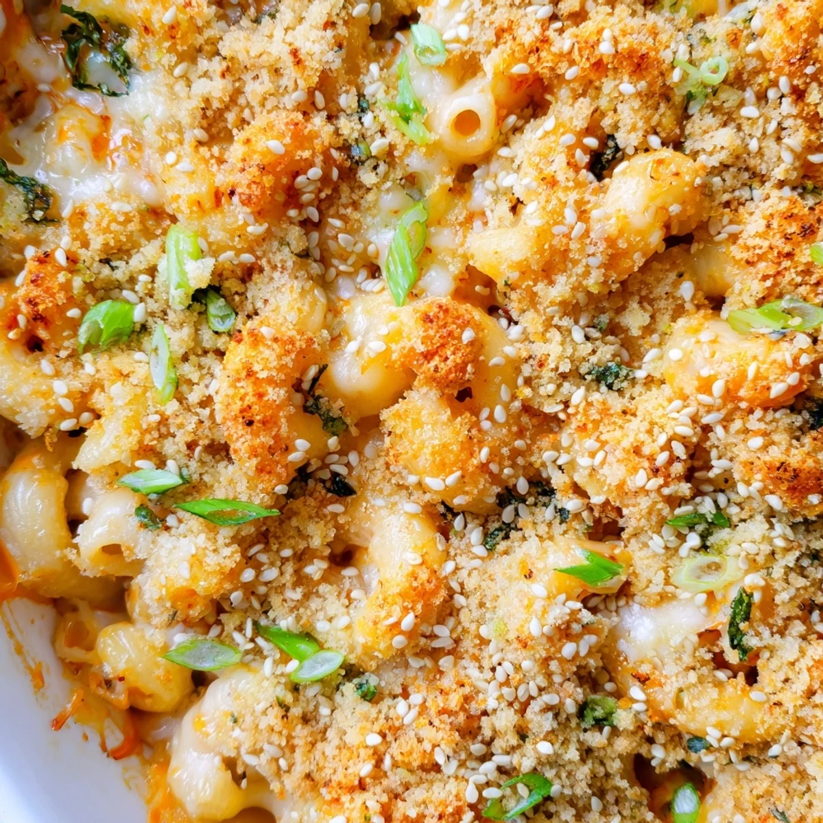 Creamy kimchi mac and cheese with golden panko topping and melted cheddar bubbling in a baking dish