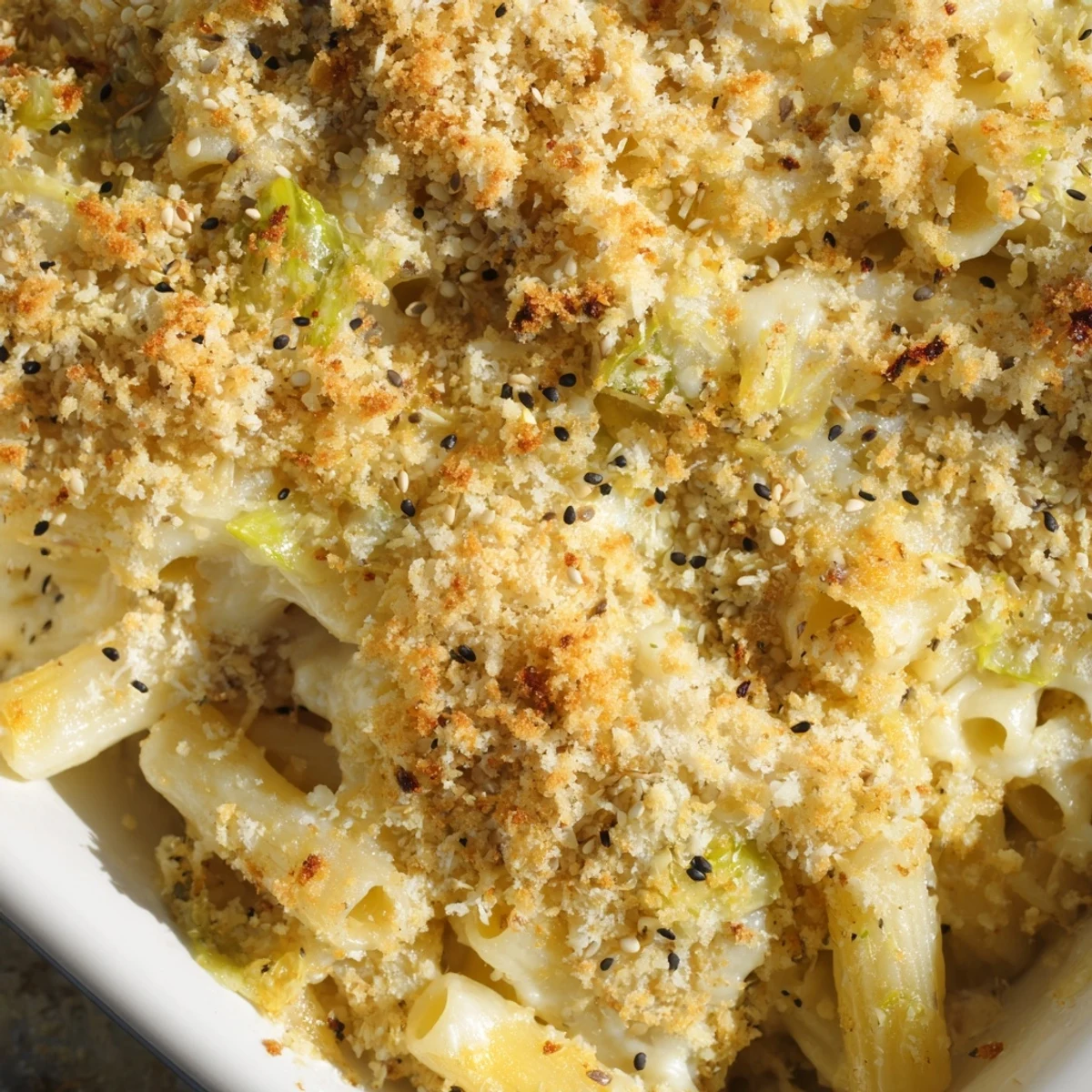Baked kimchi mac and cheese casserole with crispy breadcrumb crust and red flecks of gochujang