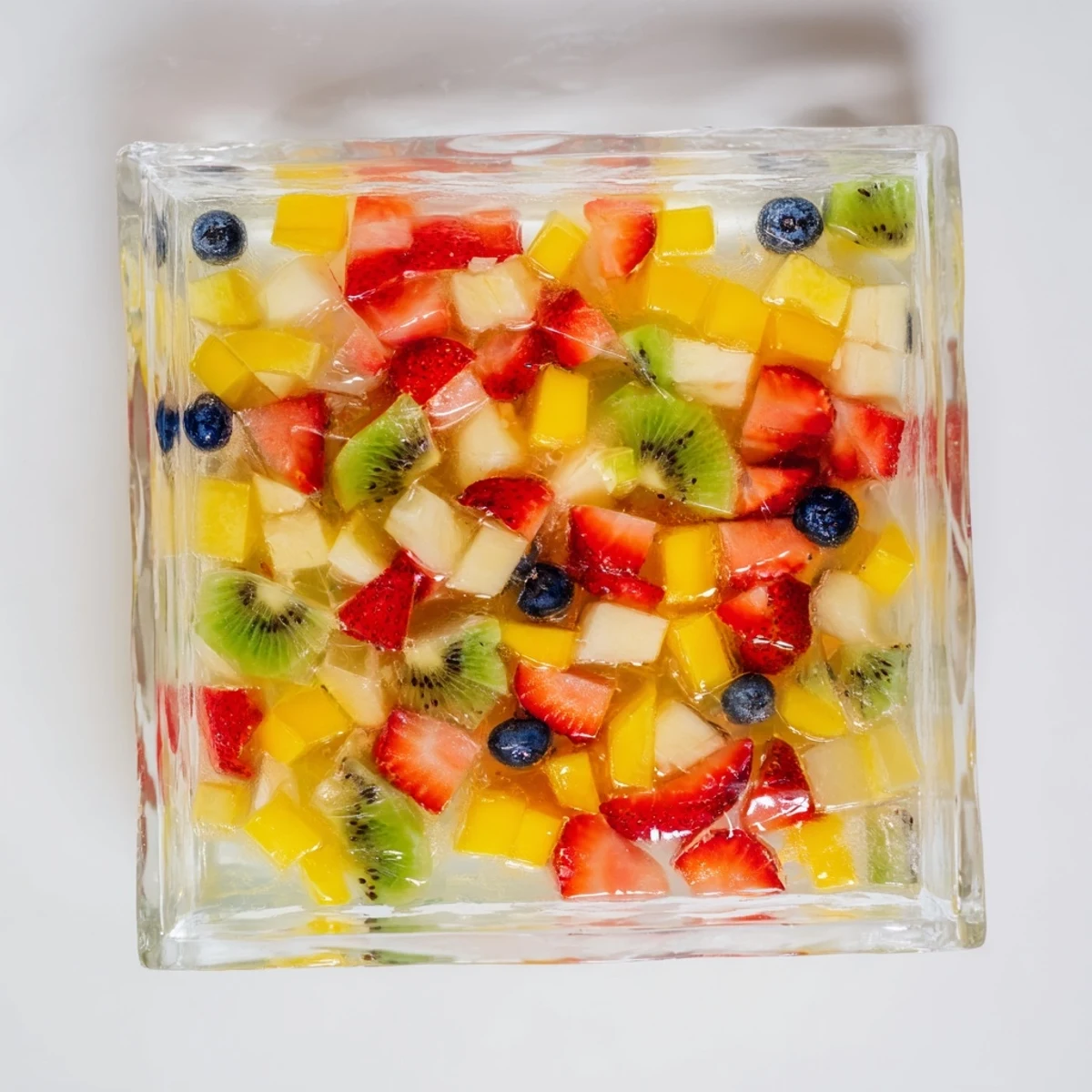 Colorful agar agar fruit jelly set in clear glass with vibrant diced strawberries and kiwi floating inside