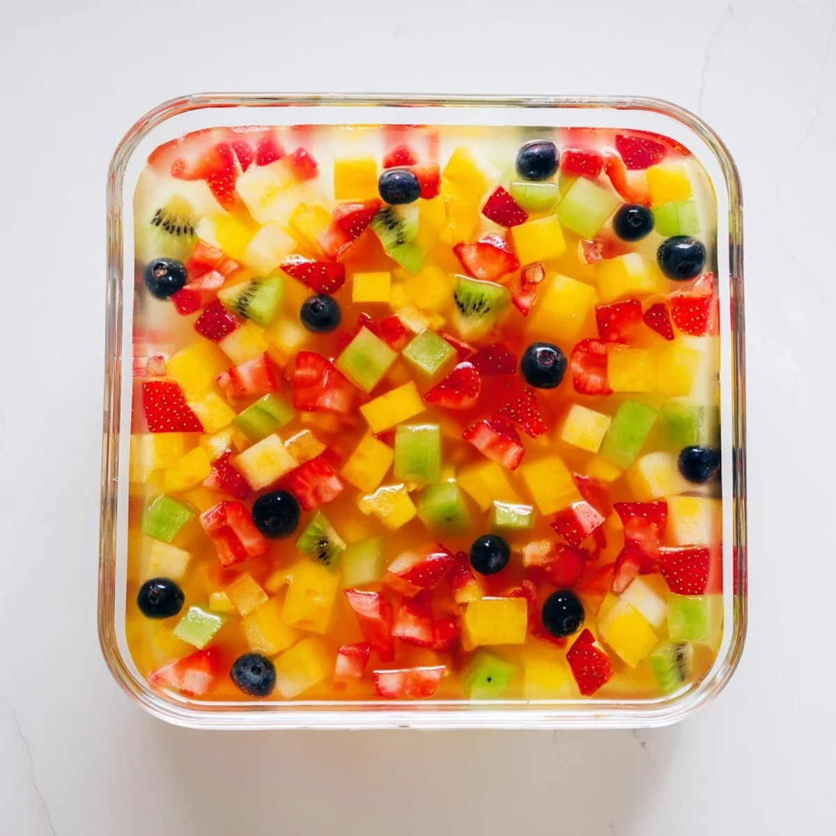 Homemade agar agar fruit jelly with suspended mango and kiwi pieces glistening under natural light