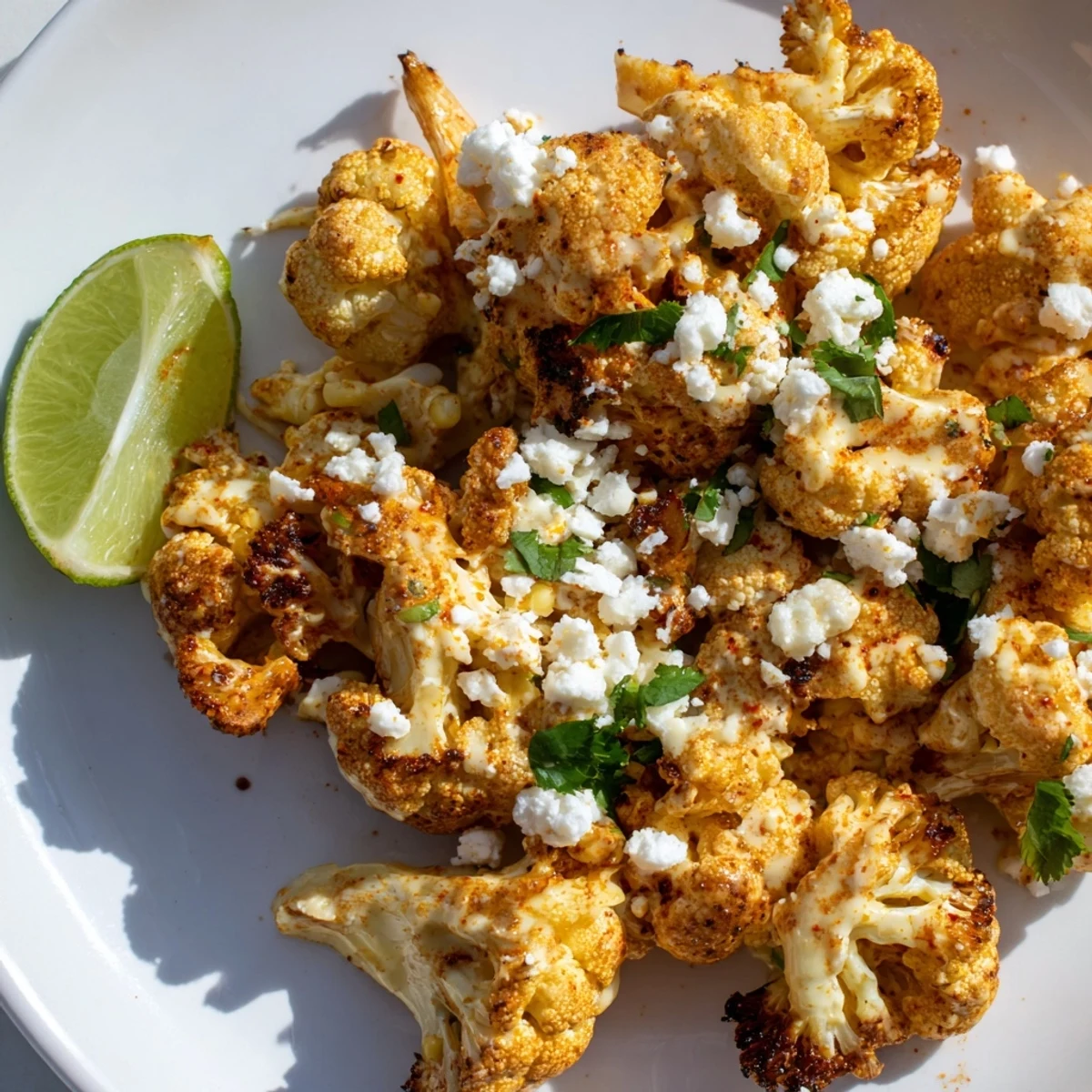 Golden roasted cauliflower florets coated in creamy elote sauce topped with crumbled cotija cheese and fresh cilantro
