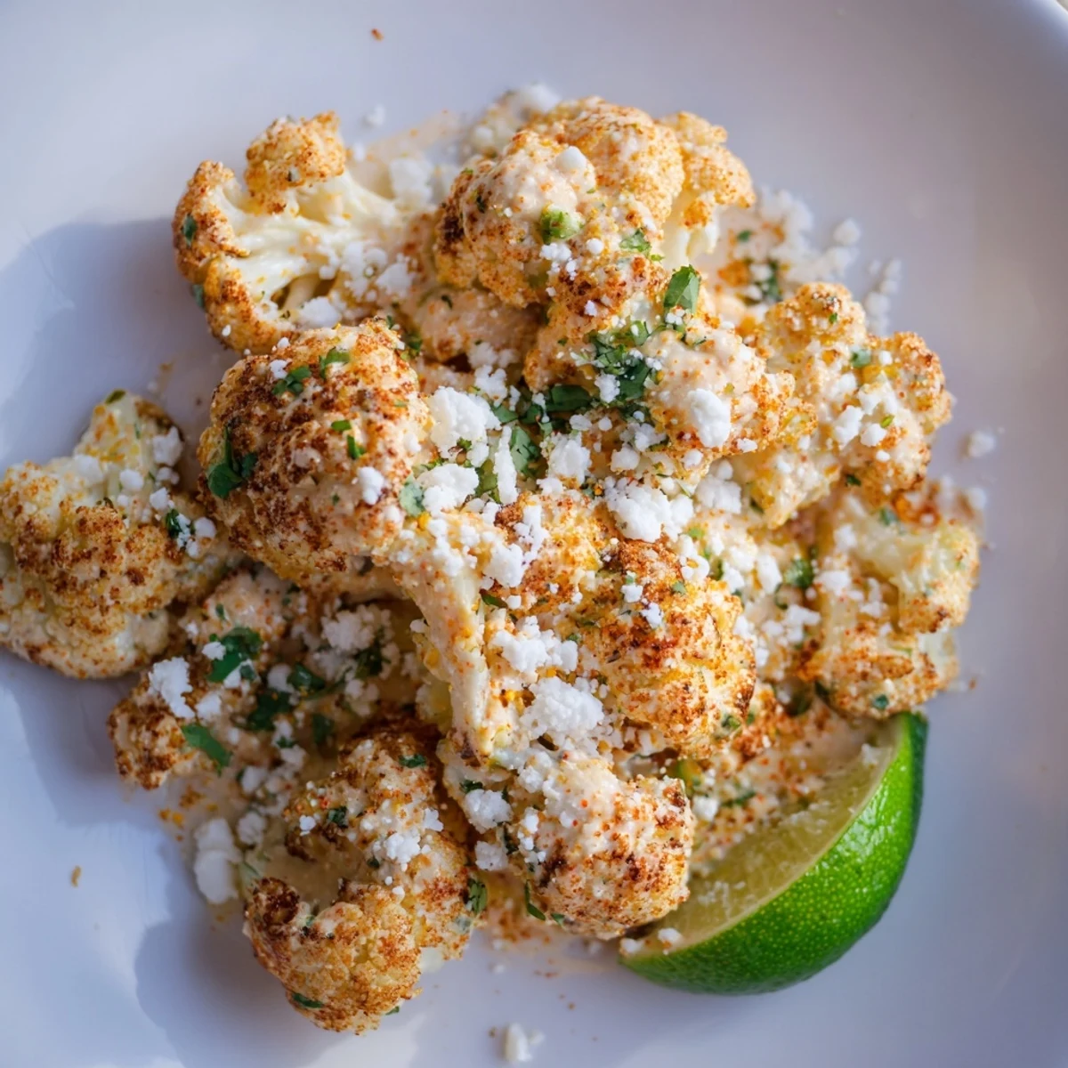 Cauliflower elote in a white bowl sprinkled with chili powder and served with lime wedges on the side