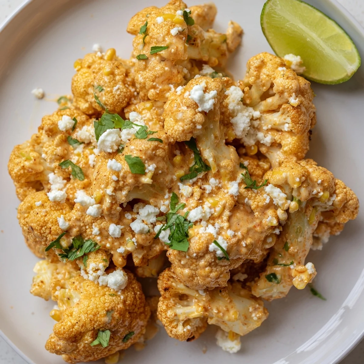 Creamy Mexican-style cauliflower elote with smoky spices tangy lime sauce and crumbly white cheese garnish