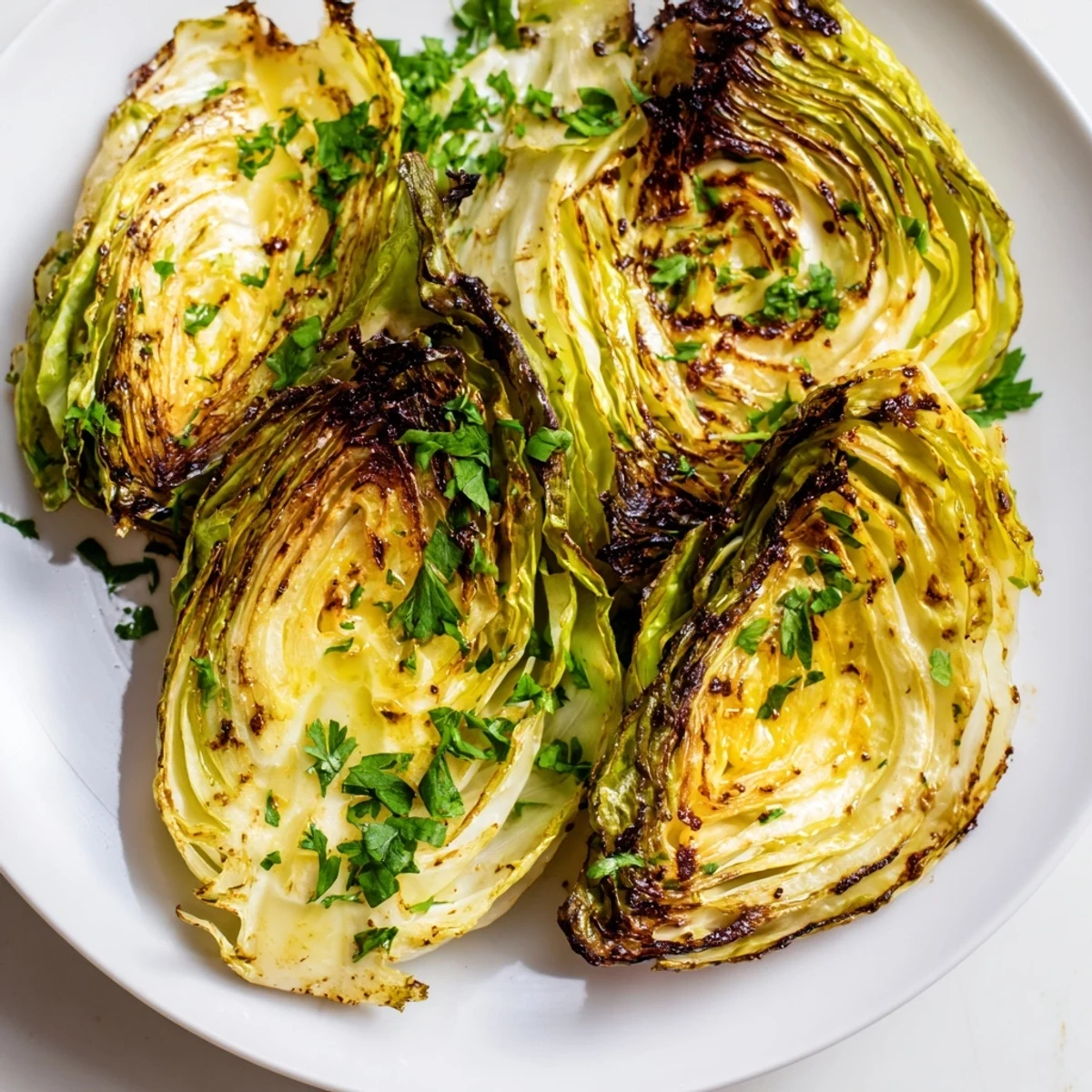 Golden brown roasted cabbage wedges with crispy caramelized edges and tender centers