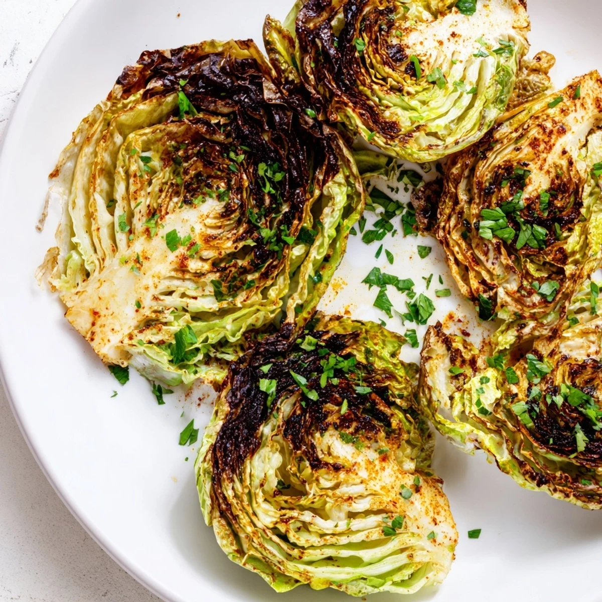Crispy roasted cabbage wedges arranged on baking sheet with charred edges and green hue