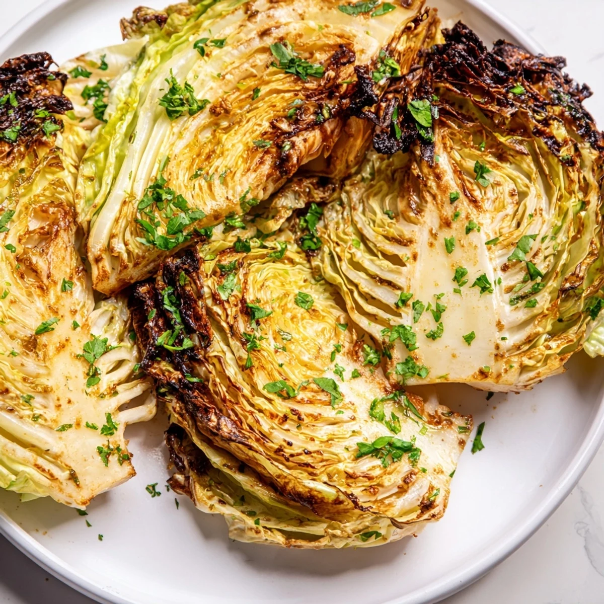 Oven roasted cabbage wedges sprinkled with parsley and garlic seasoning on parchment paper