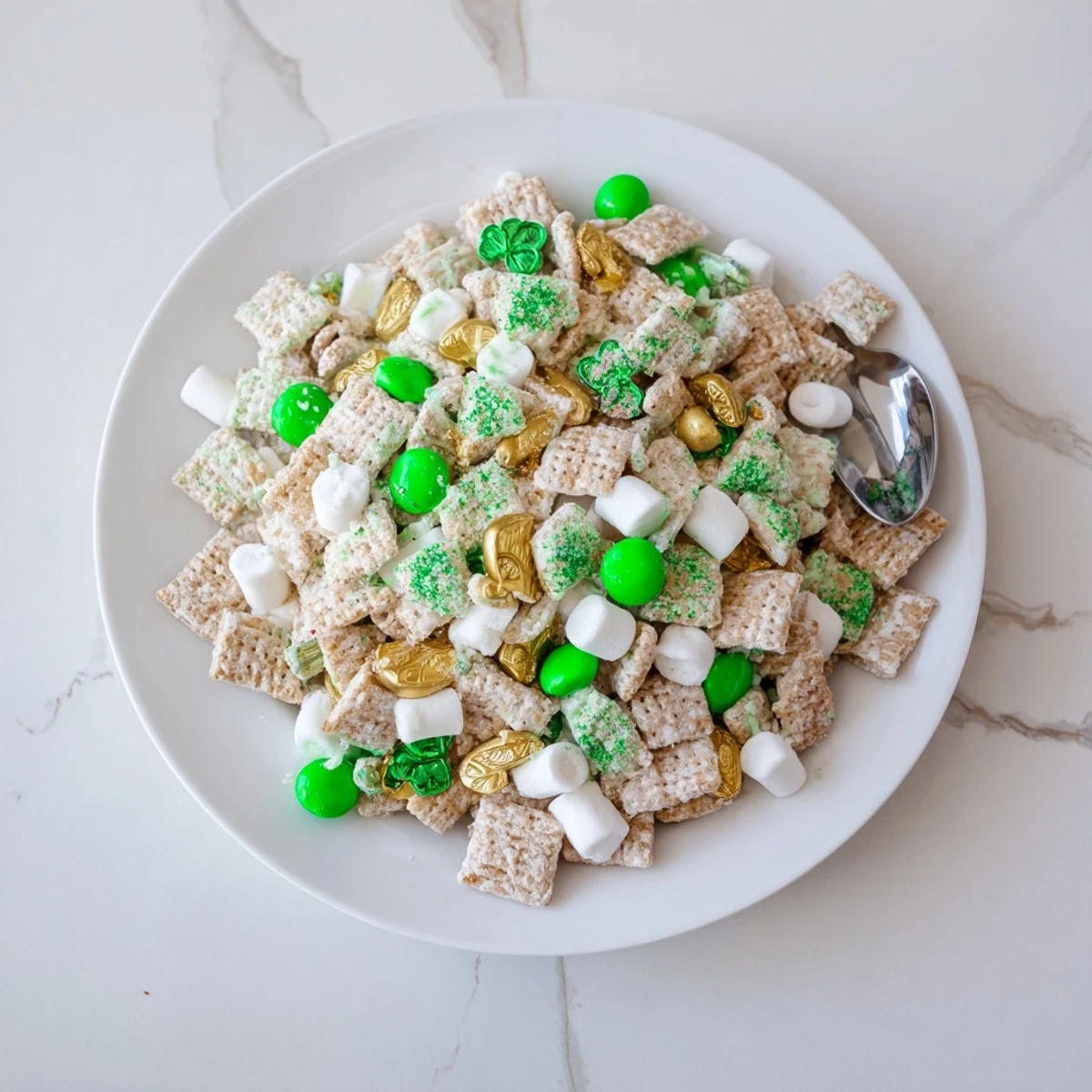 Colorful St. Patricks Day Lucky Chow dessert mix with green candies and marshmallows in a white bowl