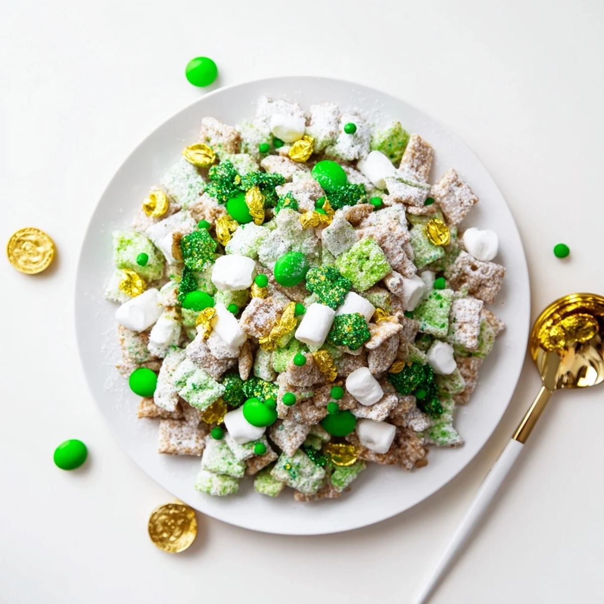 Festive Irish-inspired puppy chow snack coated in powdered sugar with chocolate and gold coin decorations