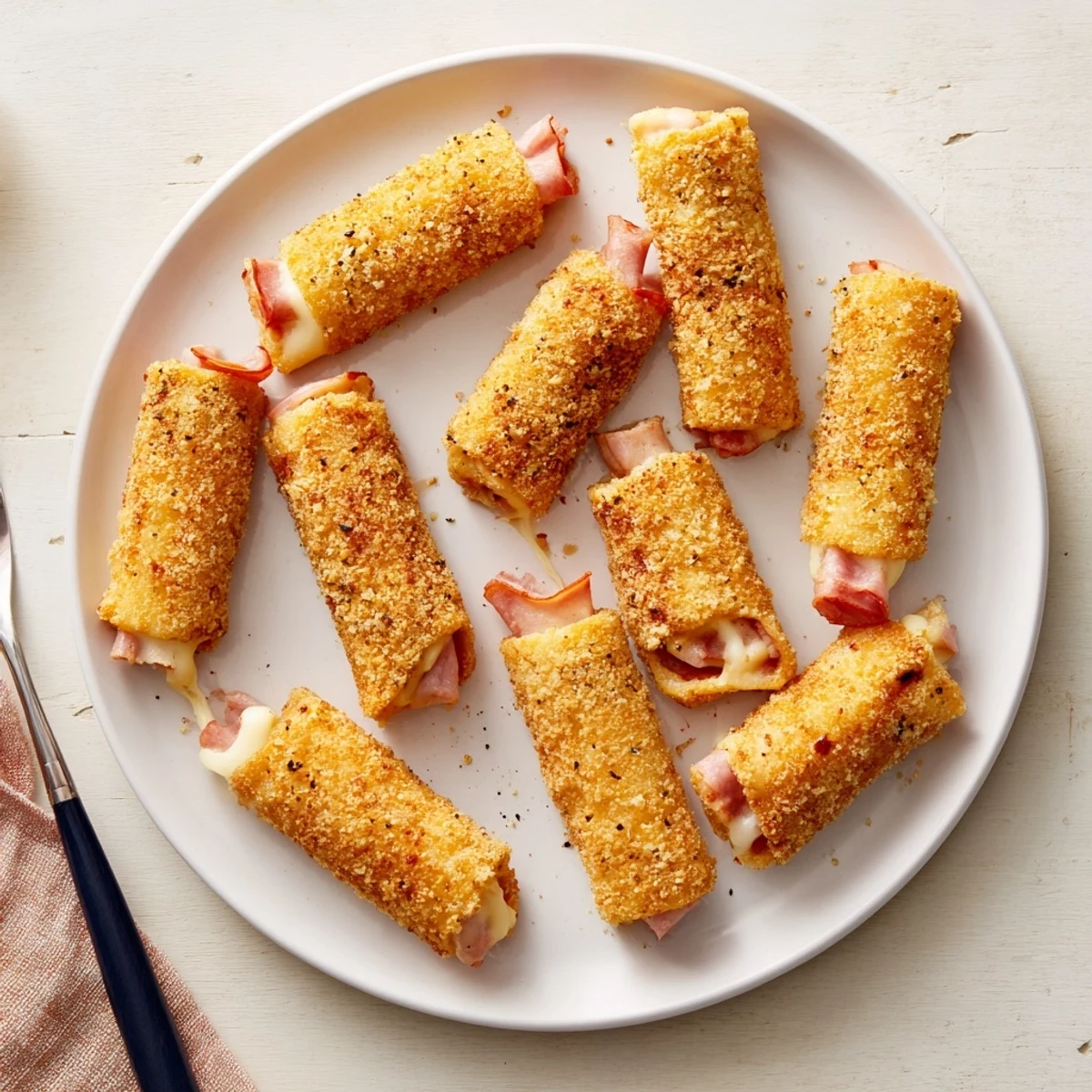 Crispy fried ham and cheese sticks featuring mozzarella centers and seasoned breadcrumb coating