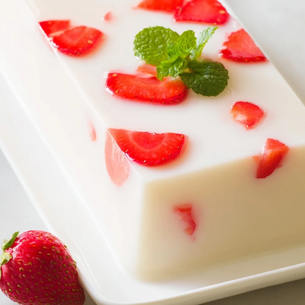 Strawberries and milk yokan dessert featuring fresh red berries suspended in creamy white gelatin