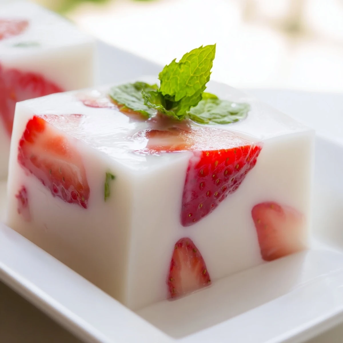 Japanese strawberries and milk yokan sliced into neat squares garnished with fresh mint leaves