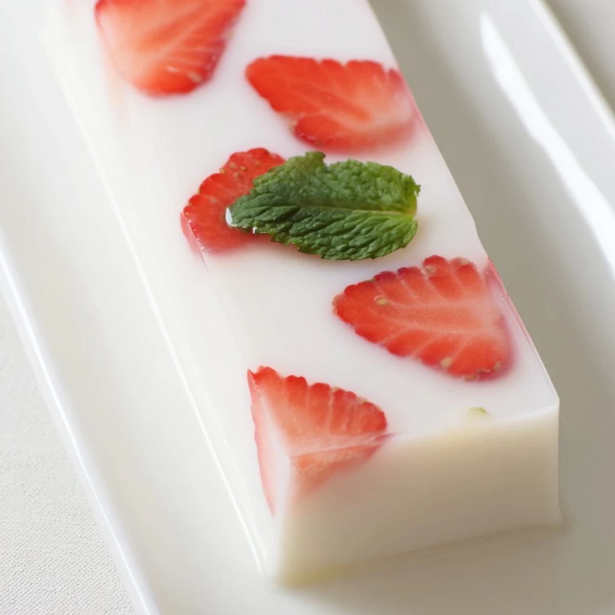 Creamy milk yokan dotted with halved strawberries served on a white plate for spring