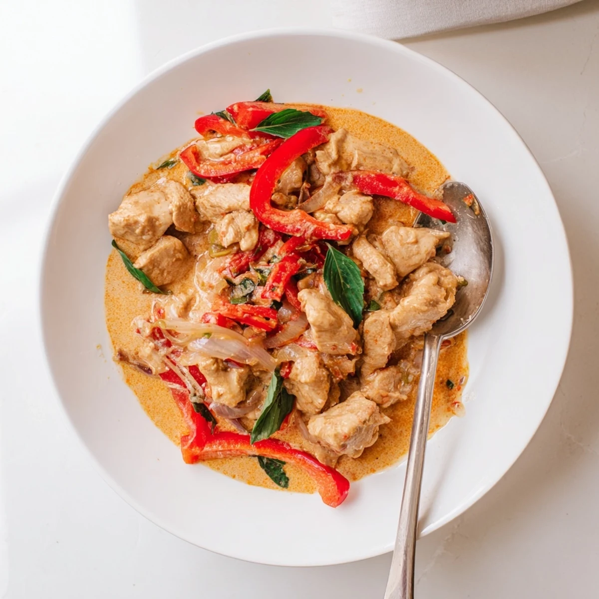 Golden chicken pieces swimming in rich coconut curry sauce with vibrant red bell pepper slices and fresh green basil leaves garnishing the creamy Thai-inspired dish