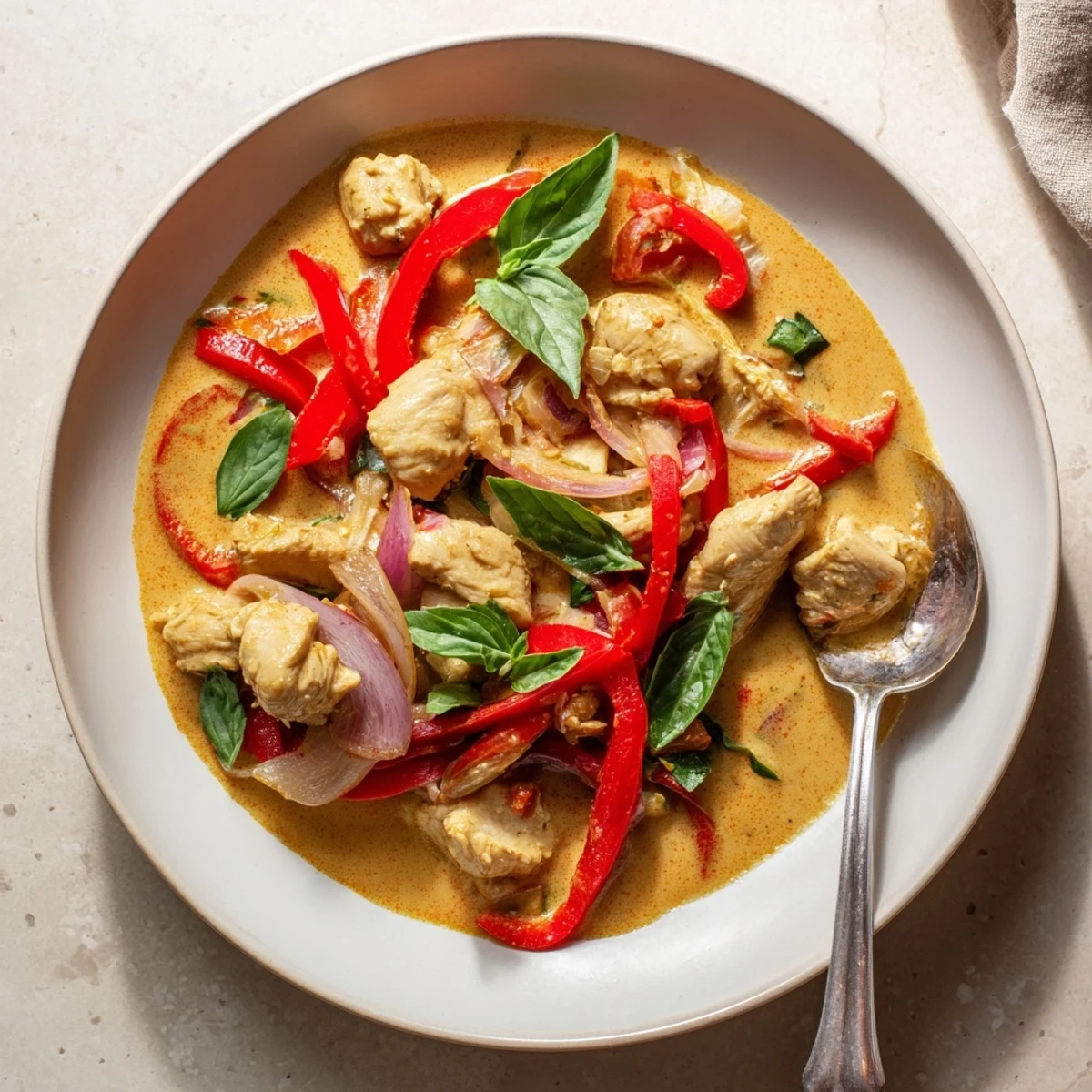 Steaming bowl of basil chicken in coconut curry sauce served over fluffy white rice with lime wedges and scattered Thai basil on top