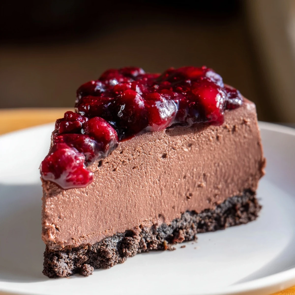 Rich dark chocolate cherry cheesecake slice topped with glossy red cherries on white plate