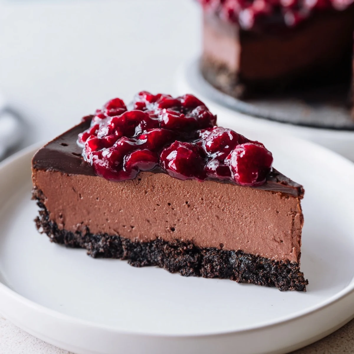 Creamy dark chocolate cherry cheesecake with vibrant cherry topping and chocolate cookie crust