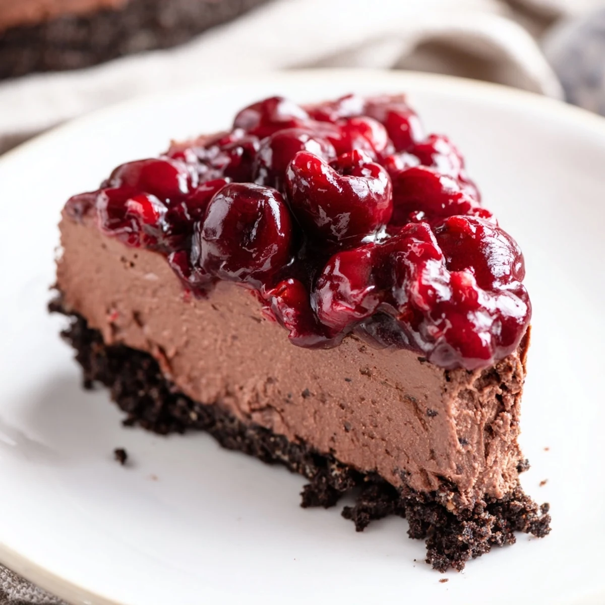 Decadent dark chocolate cherry cheesecake served with fresh ruby cherry sauce and whipped cream