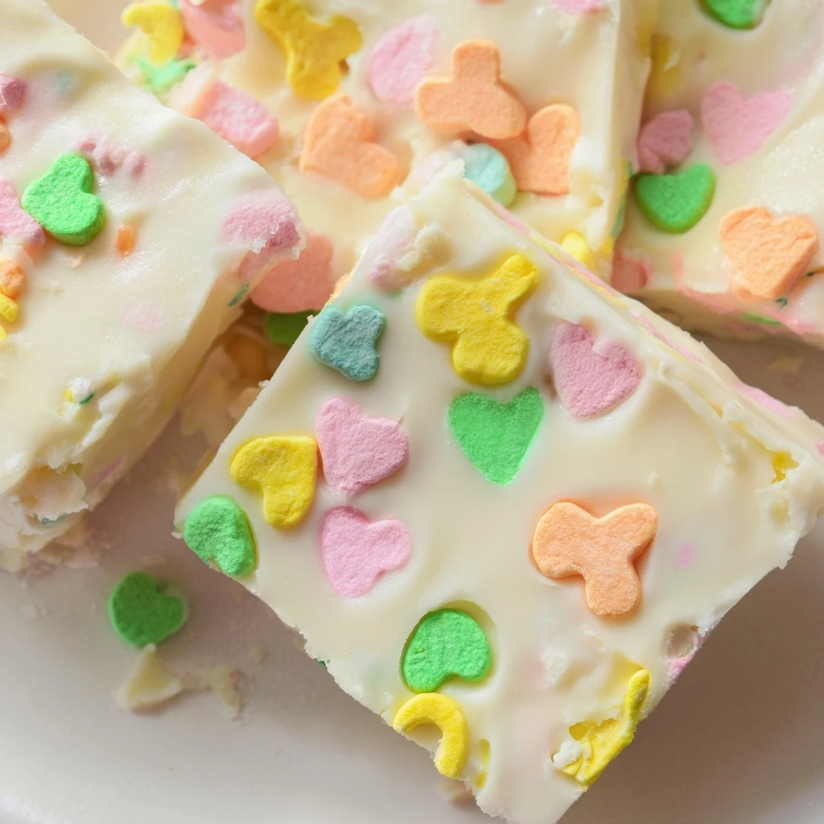 Cut squares of colorful Easy Lucky Charms Fudge arranged on white plate