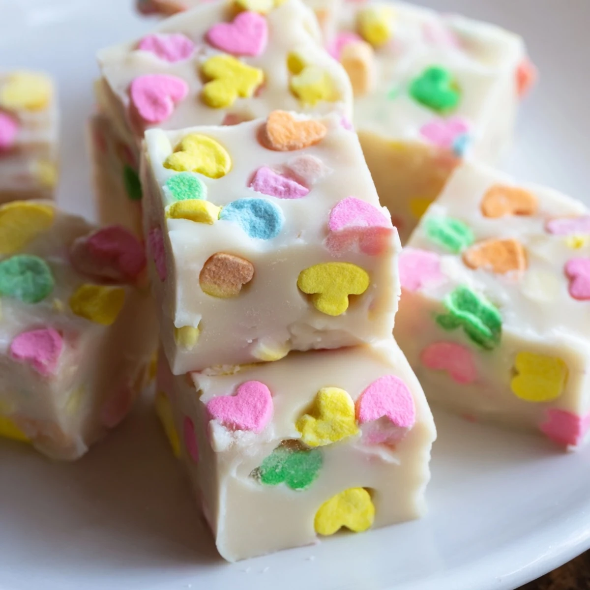 Close-up of swirling Easy Lucky Charms Fudge with bright rainbow marshmallows sprinkled on top