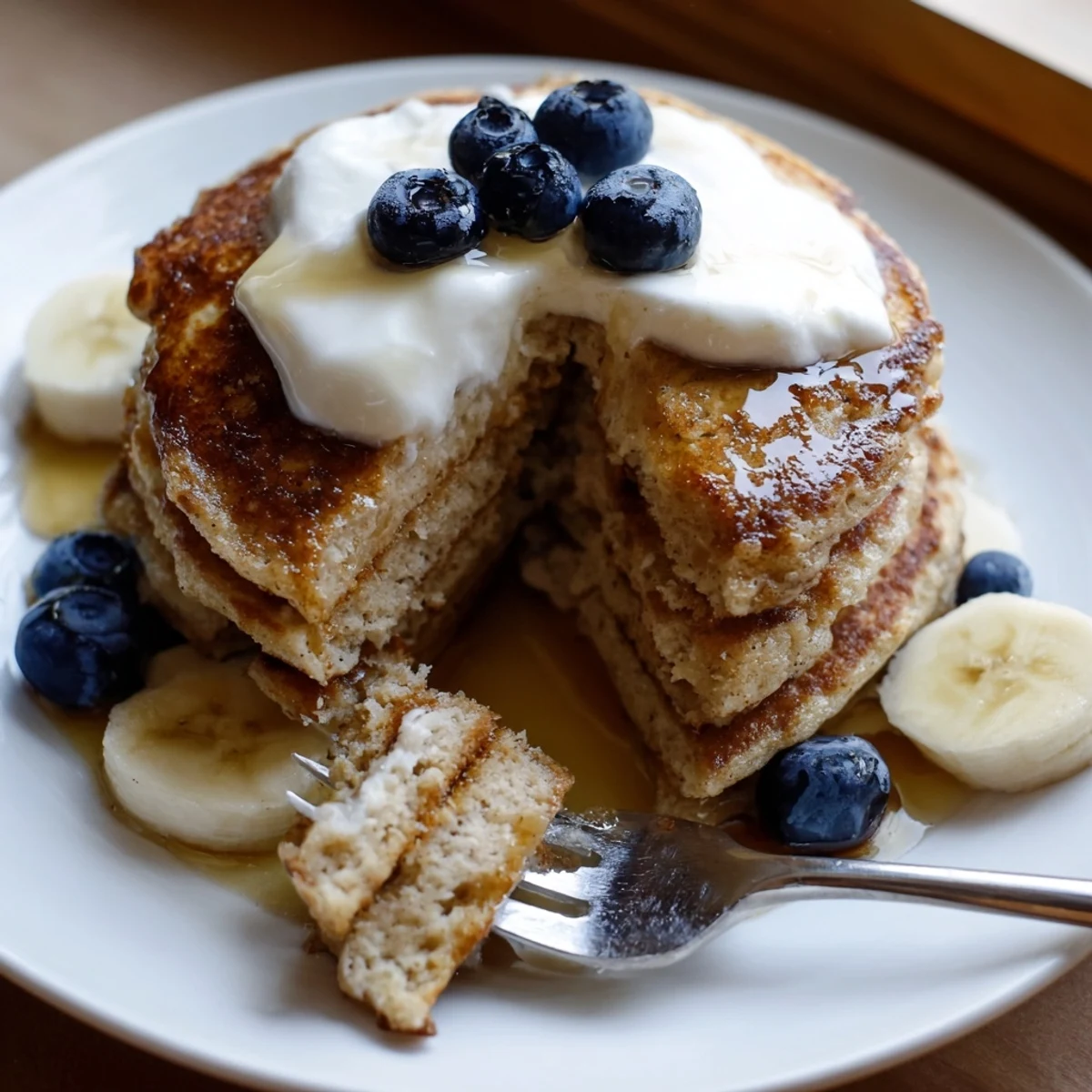 Fluffy naturally sweetened banana oatmeal pancakes drizzled with maple syrup for a wholesome breakfast